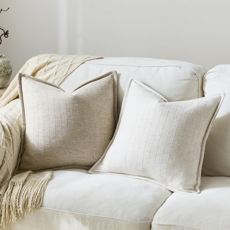 DEZENE 20x20 Linen Pillow Covers Natural Beige Pack of 2 Farmhouse Boho Neutral Accents Striped Textured Square Decorative Throw Pillow Cases for Living Room Couch Bed Home Decor - Image 4