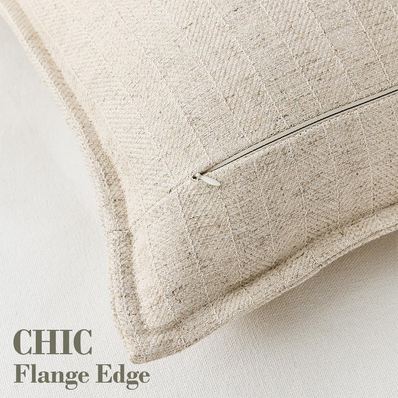 DEZENE 20x20 Linen Pillow Covers Natural Beige Pack of 2 Farmhouse Boho Neutral Accents Striped Textured Square Decorative Throw Pillow Cases for Living Room Couch Bed Home Decor - Image 3
