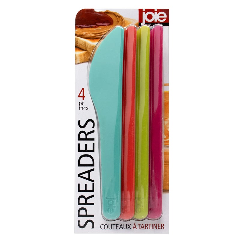 Joie Spreaders Set Reusable Plastic Knives Strong and Durable Ideal for Butter Jelly Cream Cheese and Nut Butter Handy Kitchen Tool BPAFree Assorted Colors 4 Count