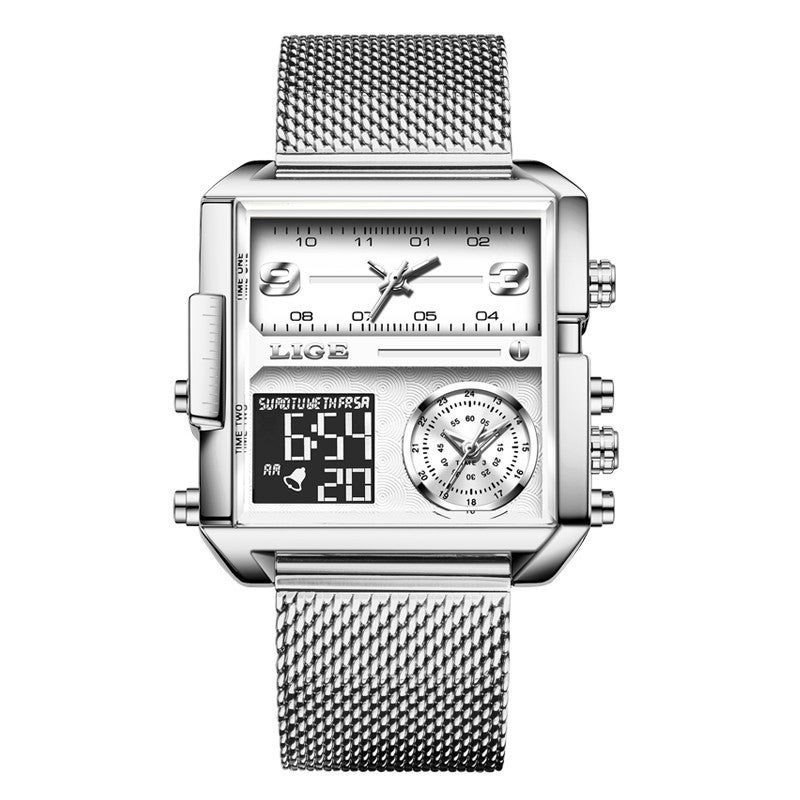 LIGE New Dual Display Quartz Watch, Multifunctional Waterproof Mens Wristwatch Silver mesh belt