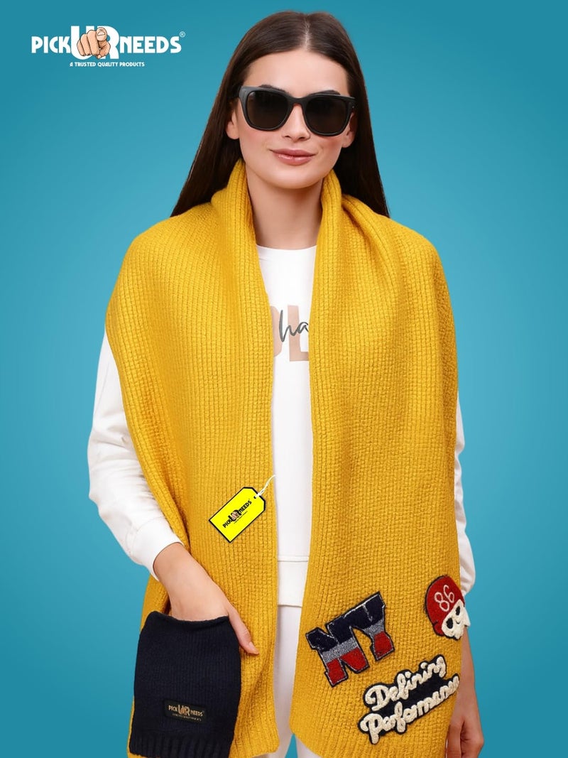 Pick Ur Needs Women Winter Woolen Muffler with Trendy Patch Design Soft Warm Knitted Scarf for Girls & Ladies Stylish Casual Mufflers (Yellow) - Image 2