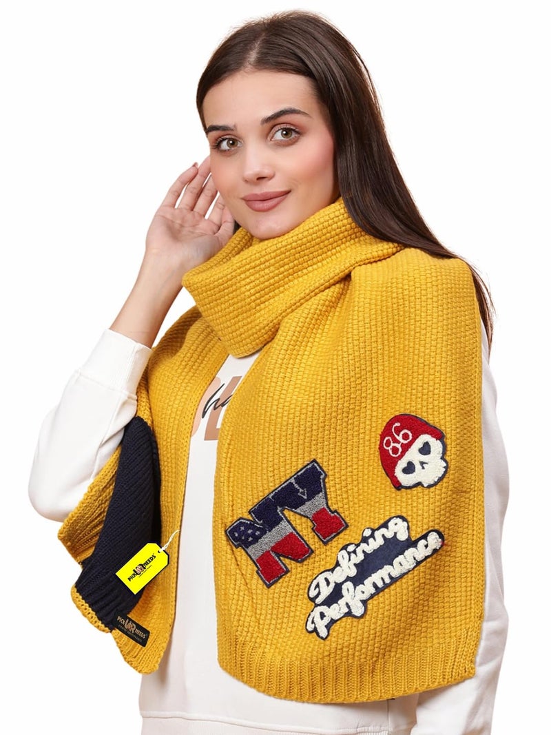Pick Ur Needs Women Winter Woolen Muffler with Trendy Patch Design Soft Warm Knitted Scarf for Girls & Ladies Stylish Casual Mufflers (Yellow) - Image 1