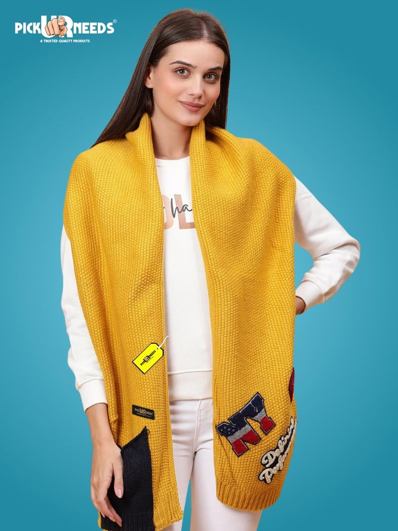 Pick Ur Needs Women Winter Woolen Muffler with Trendy Patch Design Soft Warm Knitted Scarf for Girls & Ladies Stylish Casual Mufflers (Yellow) - Image 3