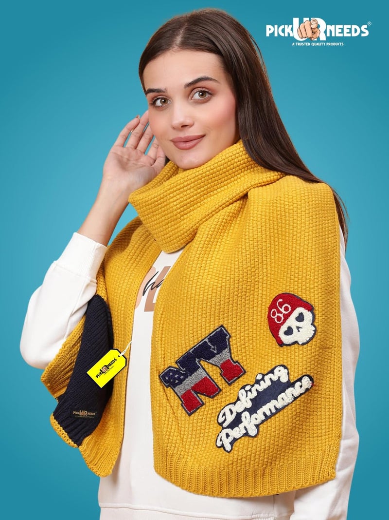 Pick Ur Needs Women Winter Woolen Muffler with Trendy Patch Design Soft Warm Knitted Scarf for Girls & Ladies Stylish Casual Mufflers (Yellow) - Image 5