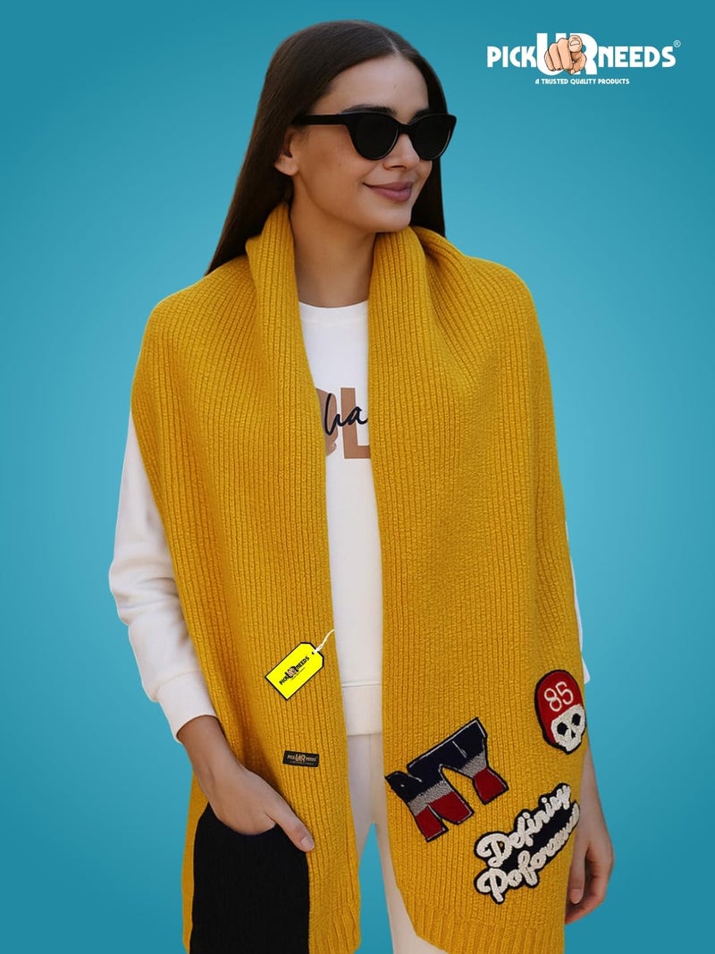 Pick Ur Needs Women Winter Woolen Muffler with Trendy Patch Design Soft Warm Knitted Scarf for Girls & Ladies Stylish Casual Mufflers (Yellow) - Image 4