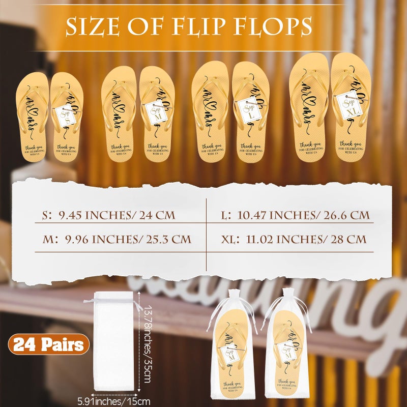 Breathffy 24 Pairs Wedding Flip Flops Bulk Slippers Flip Flops Women Wedding Sandals with Size Cards Drawstring Bags (Gold) - Image 3