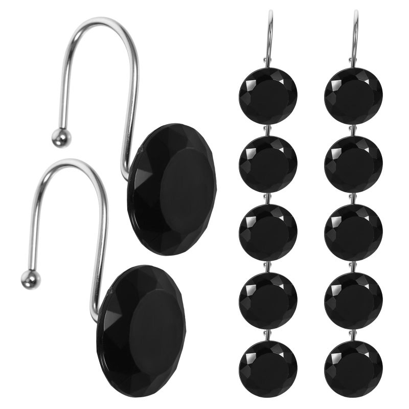 12Pcs Black Acrylic And Stainless Steel Shower Curtain Hooks Sturdy Bathroom Rod Hangers - Image 2
