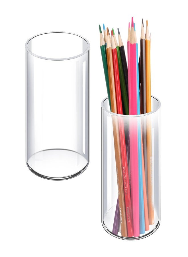 DingCo Acrylic Pen Holder 2 Pack, Acrylic makeup brush holder, Clear Pen Cup, Acrylic Cylinder Perfect for Desk organizer, Cylinder - Image 1