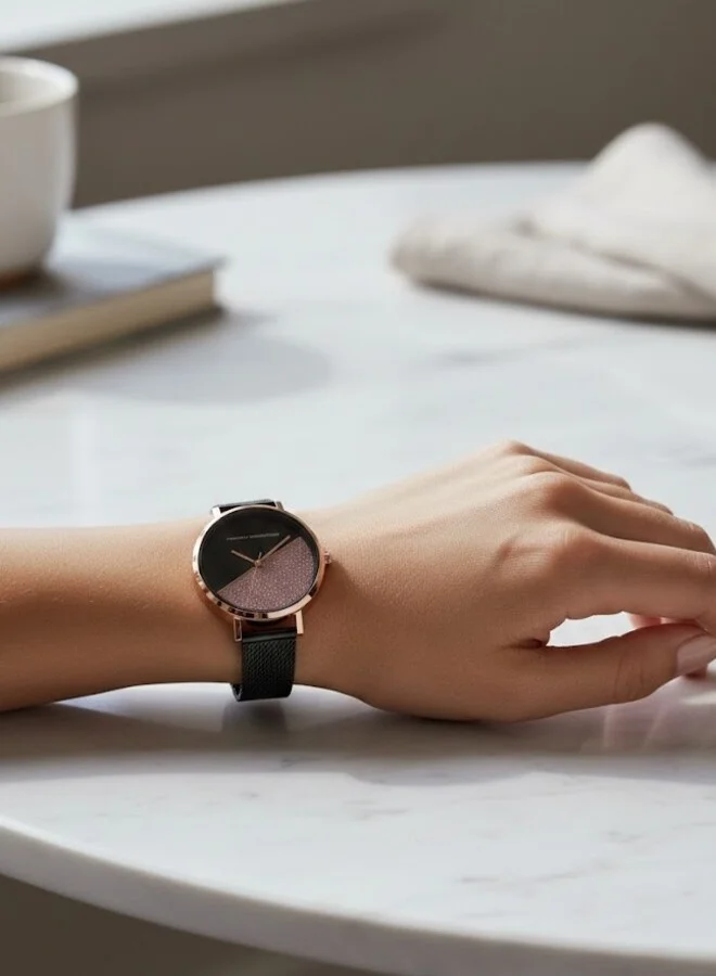 French Connection Black Dial Black Stainless Steel Mesh Bracelet Analog Watch for Women 35mm