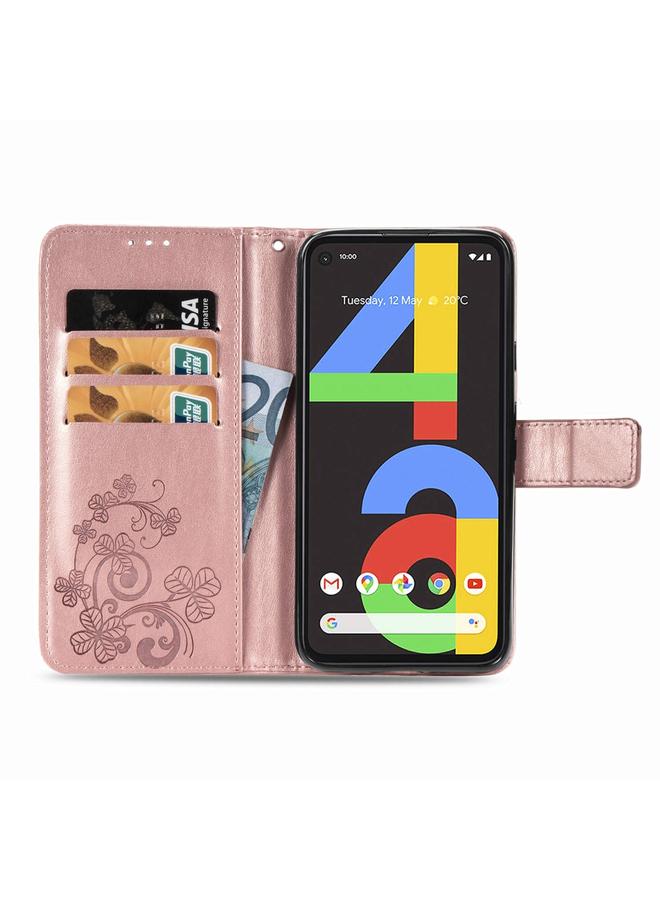زبون جراب لهاتف Google Pixel 4A، جراب جلدي منقوش بأربع أوراق لحماية الهاتف المحمول مع حبل وفتحة للبطاقة ومحفظة ووظيفة قوس - Image 4