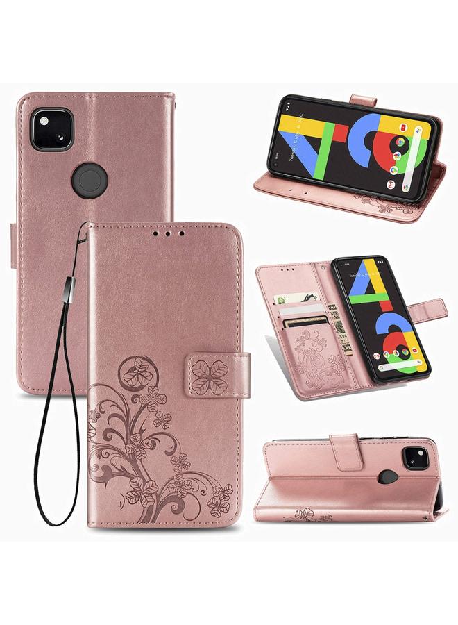 زبون جراب لهاتف Google Pixel 4A، جراب جلدي منقوش بأربع أوراق لحماية الهاتف المحمول مع حبل وفتحة للبطاقة ومحفظة ووظيفة قوس - Image 1