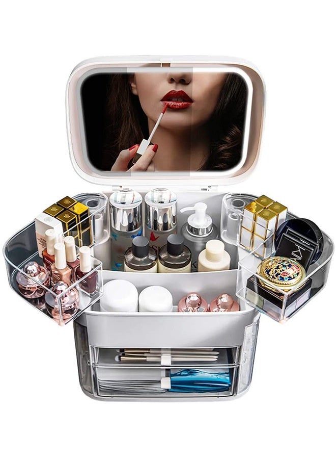 JCB CHIC LED Mirror Light Makeup Organizer Box Cosmetic Storage Box Desktop Dust-Proof Dressing Table Organizer Large-Capacity Makeup Box With Mirror Shelf - Image 1