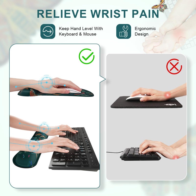iCasso Ergonomic Mouse Pad with Wrist Rest, Keyboard Wrist Rest Mouse Wrist Rest, Made of Memory Foam, Easy Typing and Relieve Wrist Pain for Computer Keyboard Office(Green Butterfly) - Image 3