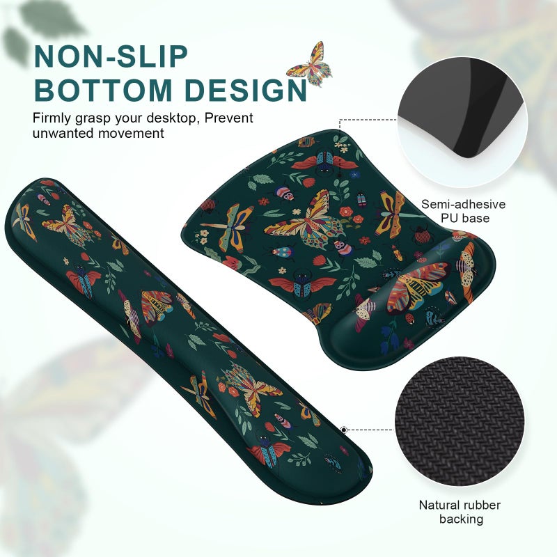 iCasso Ergonomic Mouse Pad with Wrist Rest, Keyboard Wrist Rest Mouse Wrist Rest, Made of Memory Foam, Easy Typing and Relieve Wrist Pain for Computer Keyboard Office(Green Butterfly) - Image 5