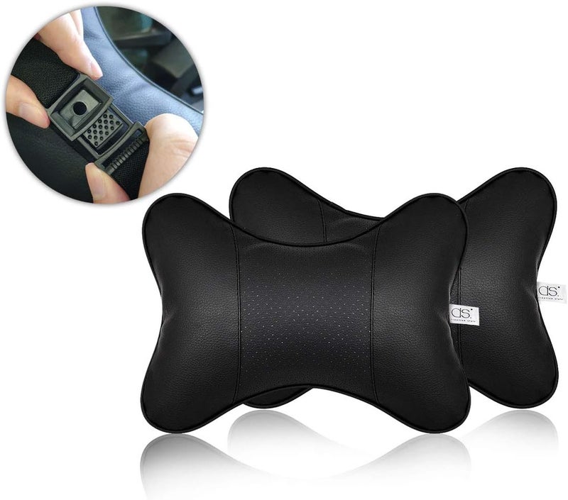 DS.DISTINCTIVE STYLE DS. Distinctive Style Car Neck Pillow - 2 Pieces PU Leather Travel Pillow for Head Rest with Buckle Neck Support - Black - Image 3