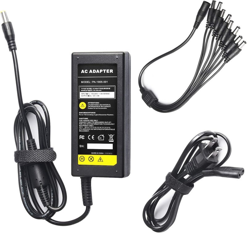 Fancy Buying محول طاقة كاميرا الأمان 12 فولت 5 أمبير 100 فولت-240 فولت AC إلى DC كابل تقسيم طاقة 8 طرق معتمد من FCC محولات طاقة LED - يناسب DVR/كاميرا تناظرية/AHD، أضواء شريط LED RGB - Image 1