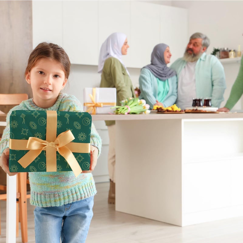 Cuitpan Eid Mubarak Wrapping Paper - Ramadan Kareem Gift Wrap with Mosque, Lantern & CamelDesigns - for Islamic Holidays & Party Decor - 20 x 29 Inches, 8 Folded Sheets, Easy to Store - Image 3