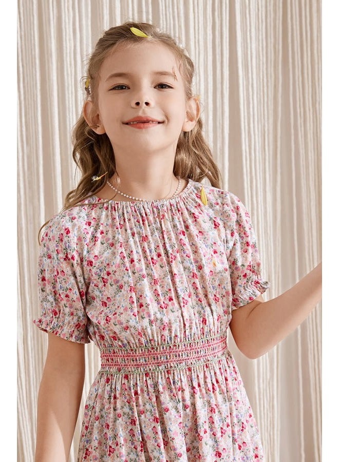 tiny sugar Girls Smocked Waist Soft Viscose Midi Dress Elastic Crewneck Casual Playwear Skater Dress with Pockets, Pink Floral Ss, 7-8 Years - Image 2