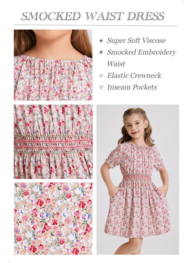 tiny sugar Girls Smocked Waist Soft Viscose Midi Dress Elastic Crewneck Casual Playwear Skater Dress with Pockets, Pink Floral Ss, 7-8 Years - Image 4