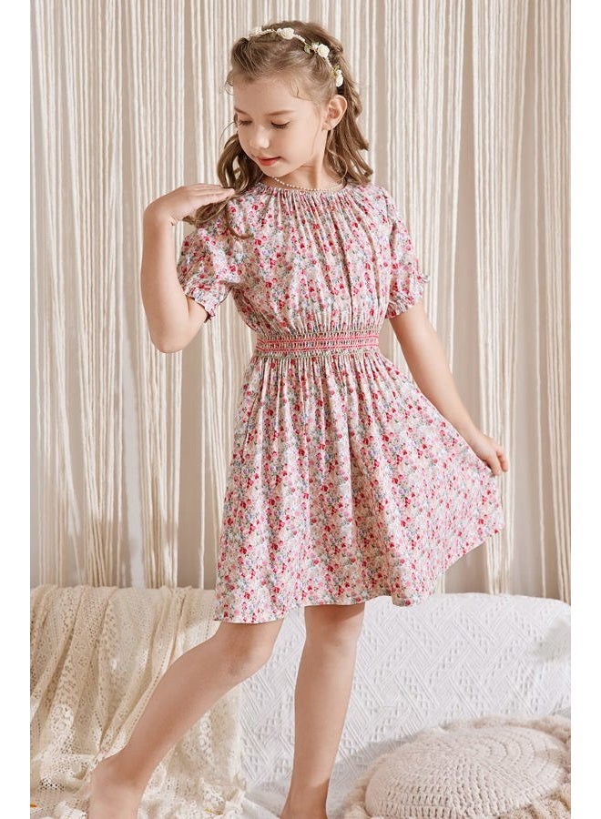 tiny sugar Girls Smocked Waist Soft Viscose Midi Dress Elastic Crewneck Casual Playwear Skater Dress with Pockets, Pink Floral Ss, 7-8 Years - Image 3