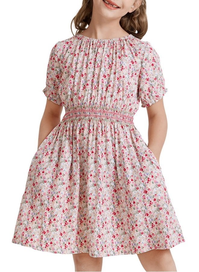 tiny sugar Girls Smocked Waist Soft Viscose Midi Dress Elastic Crewneck Casual Playwear Skater Dress with Pockets, Pink Floral Ss, 7-8 Years - Image 1