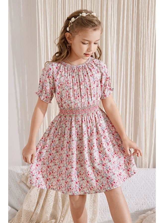 tiny sugar Girls Smocked Waist Soft Viscose Midi Dress Elastic Crewneck Casual Playwear Skater Dress with Pockets, Pink Floral Ss, 7-8 Years - Image 5
