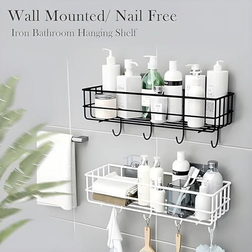 JIALTO Alloy Steel Wall-Mounted Bathroom Shelf – Stylish Black Organizer with Hooks for Towels & Accessories. Adhesive Installation, Rust-Resistant, Space-Saving Design. Pack of 1. - Image 4