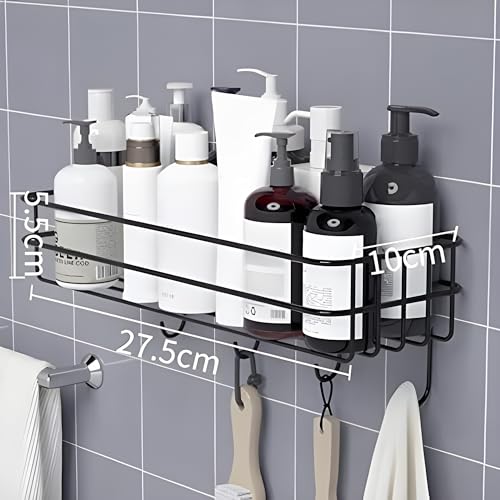 JIALTO Alloy Steel Wall-Mounted Bathroom Shelf – Stylish Black Organizer with Hooks for Towels & Accessories. Adhesive Installation, Rust-Resistant, Space-Saving Design. Pack of 1. - Image 3