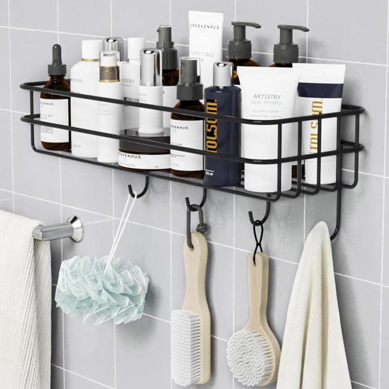 JIALTO Alloy Steel Wall-Mounted Bathroom Shelf – Stylish Black Organizer with Hooks for Towels & Accessories. Adhesive Installation, Rust-Resistant, Space-Saving Design. Pack of 1. - Image 2