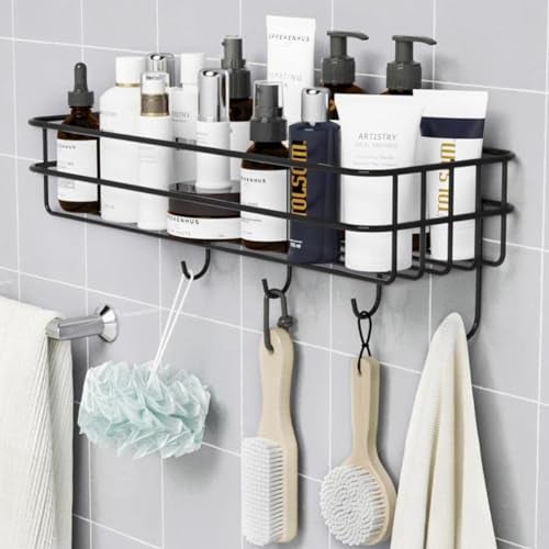 JIALTO Alloy Steel Wall-Mounted Bathroom Shelf – Stylish Black Organizer with Hooks for Towels & Accessories. Adhesive Installation, Rust-Resistant, Space-Saving Design. Pack of 1. - Image 1