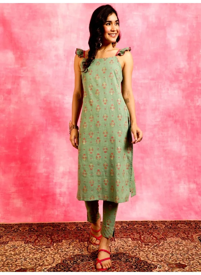 أيه كيه إس Green Printed Kurta With Pant Set