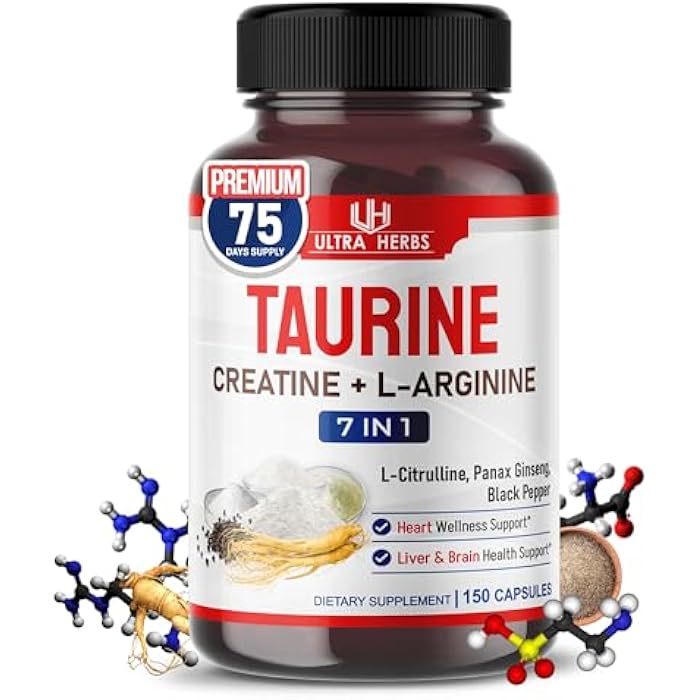 ULTRA HERBS Taurine Supplement enriched with Creatine, L-Arginine, L-Citrulline, Panax Ginseng | Taurine Capsules for Heart Wellness, Nervous System, Brain & Eye Health | 150 Capsules - Image 1