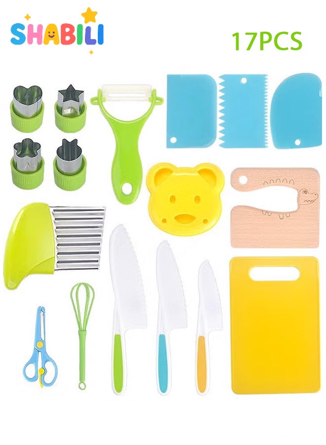 شبيلي مجموعة أدوات المطبخ للأطفال 17 قطعة، سكينة فواكه بلاستيكية آمنة للأطفال مع لوح تقطيع، حواف مسننة ومقبض غير قابل للانزلاق، خالية من BPA، متينة وخفيفة الوزن، ألعاب تعليمية للأطفال - Image 1