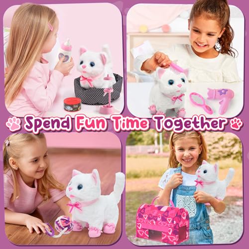 Golray Cat Toys for Kids Girls Gift, Electronic Interactive Plush Toy Cat Can Walk and Meow - 16 Pcs Carrier & Pet Groom Feed Care Pretend Play Set, Birthday Gift for Toddler Little Girl 3 4 5 6 7 8 9 - Image 5