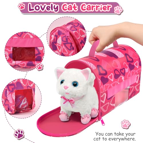 Golray Cat Toys for Kids Girls Gift, Electronic Interactive Plush Toy Cat Can Walk and Meow - 16 Pcs Carrier & Pet Groom Feed Care Pretend Play Set, Birthday Gift for Toddler Little Girl 3 4 5 6 7 8 9 - Image 4