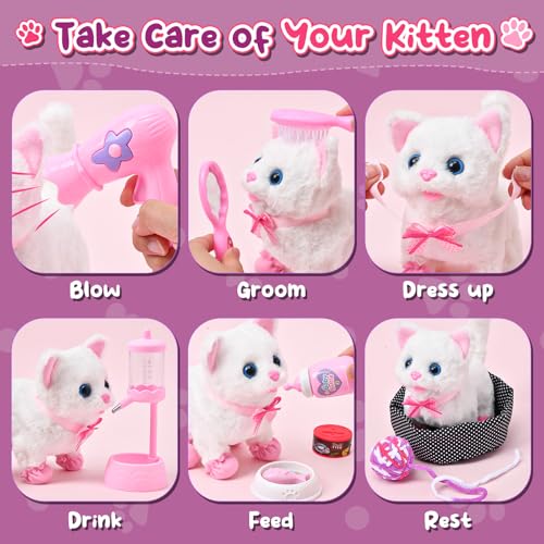Golray Cat Toys for Kids Girls Gift, Electronic Interactive Plush Toy Cat Can Walk and Meow - 16 Pcs Carrier & Pet Groom Feed Care Pretend Play Set, Birthday Gift for Toddler Little Girl 3 4 5 6 7 8 9 - Image 3