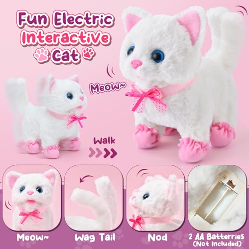 Golray Cat Toys for Kids Girls Gift, Electronic Interactive Plush Toy Cat Can Walk and Meow - 16 Pcs Carrier & Pet Groom Feed Care Pretend Play Set, Birthday Gift for Toddler Little Girl 3 4 5 6 7 8 9 - Image 2