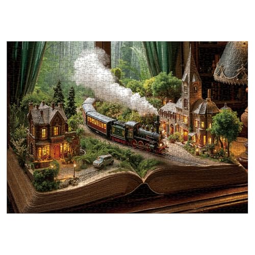 Larkipuzz Magic Train Books Puzzles for Adults 1000 Pieces Vintage Forest House Jigsaw Puzzle Challenging Landscape Art Puzzles - Image 5