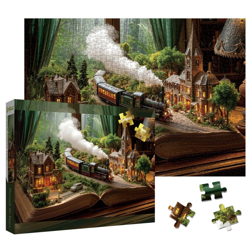 Larkipuzz Magic Train Books Puzzles for Adults 1000 Pieces Vintage Forest House Jigsaw Puzzle Challenging Landscape Art Puzzles - Image 3