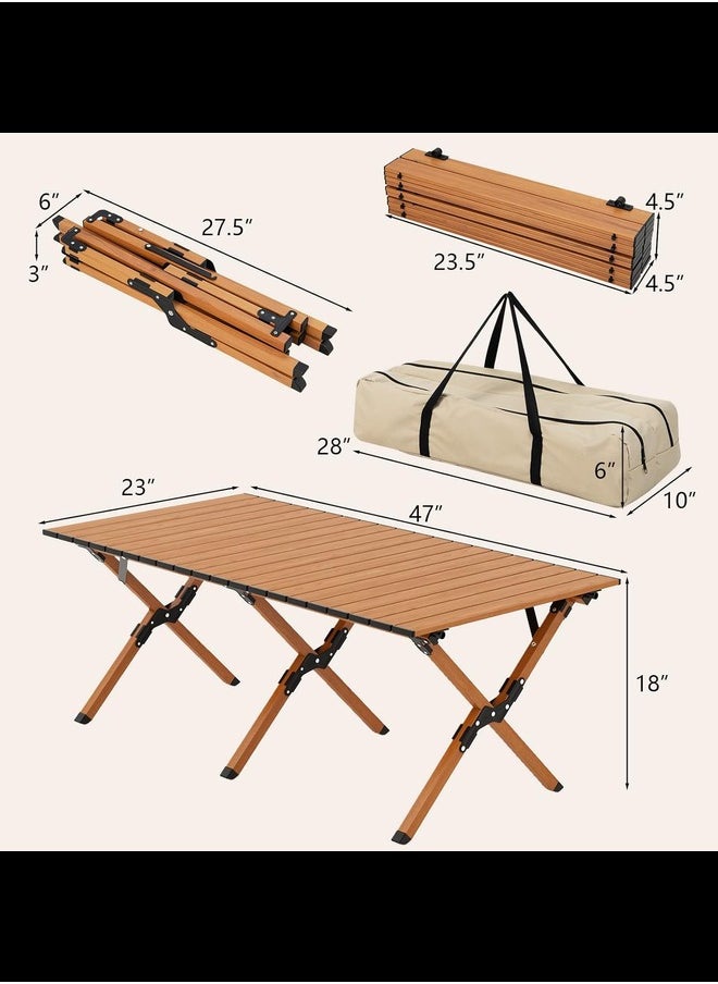Folding Picnic Table, Roll-Up Aluminum Camping Table with Wood Grain, Portable Low Height Beach Table with Carry Bag for Camping, Picnic, BBQ & Hiking, Easy Assembly