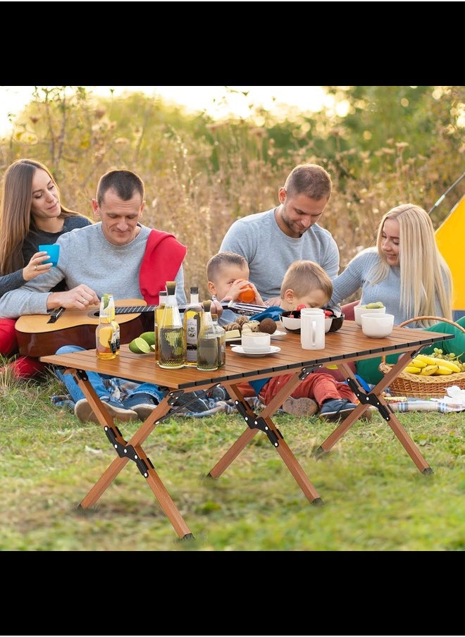 Folding Picnic Table, Roll-Up Aluminum Camping Table with Wood Grain, Portable Low Height Beach Table with Carry Bag for Camping, Picnic, BBQ & Hiking, Easy Assembly