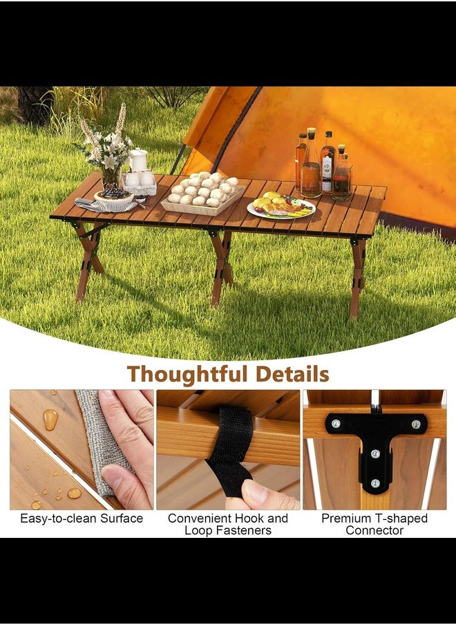 Folding Picnic Table, Roll-Up Aluminum Camping Table with Wood Grain, Portable Low Height Beach Table with Carry Bag for Camping, Picnic, BBQ & Hiking, Easy Assembly