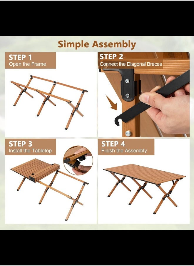 Folding Picnic Table, Roll-Up Aluminum Camping Table with Wood Grain, Portable Low Height Beach Table with Carry Bag for Camping, Picnic, BBQ & Hiking, Easy Assembly