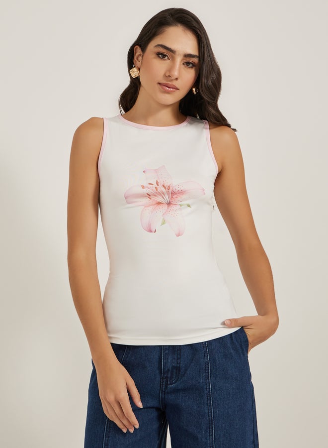Styli Floral Print Round Neck Contrast Piping Sleeveless Tank  - Image 3