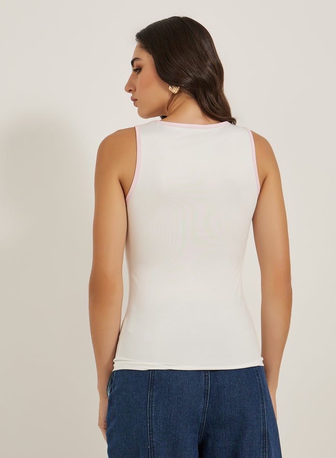Styli Floral Print Round Neck Contrast Piping Sleeveless Tank  - Image 5