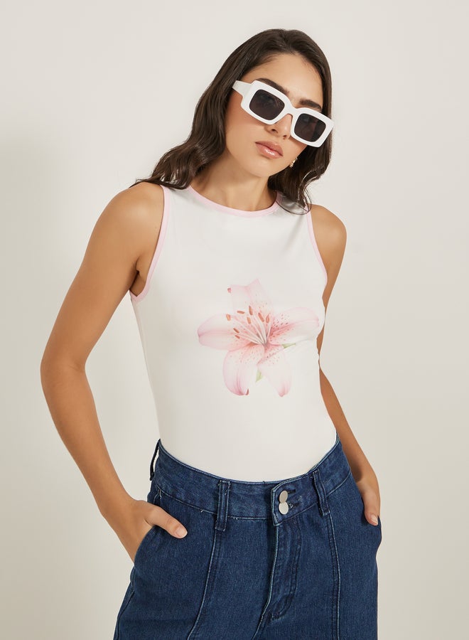 Styli Floral Print Round Neck Contrast Piping Sleeveless Tank  - Image 1