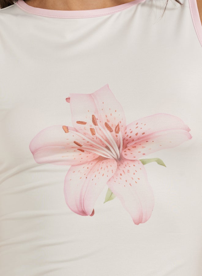 Styli Floral Print Round Neck Contrast Piping Sleeveless Tank  - Image 4