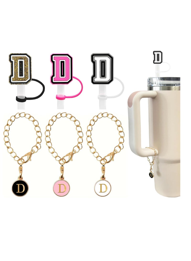 Mmmon 3PCS Straw Cover 10mm For Stanley Tumbler Cup Reusable Straw Cap Topper and 3 Initial Letter Charms D Handle Charm For Stanley 30 and 40 Oz Cup Tumbler