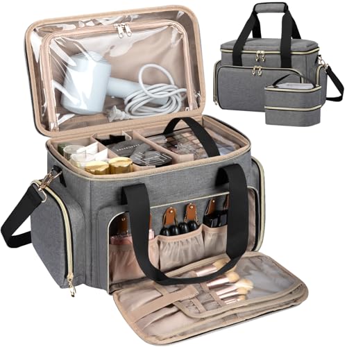 GDNasist Large Makeup Bag, Portable Travel Makeup Bag Organizer for Women Girls with 2 Removable Pouches & Detachable Dividers, Cosmetic Travel Bag, Toiletry Bag for Makeup and Hair Supplies Grey - Image 1