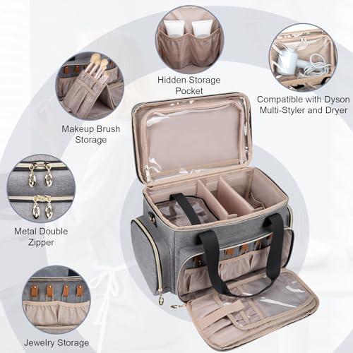 GDNasist Large Makeup Bag, Portable Travel Makeup Bag Organizer for Women Girls with 2 Removable Pouches & Detachable Dividers, Cosmetic Travel Bag, Toiletry Bag for Makeup and Hair Supplies Grey - Image 4